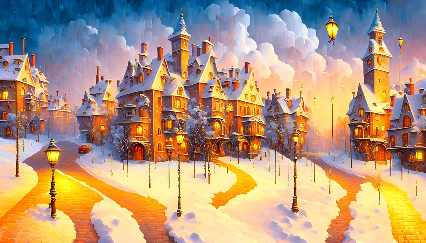 Snow-covered European-style buildings in a winter evening scene