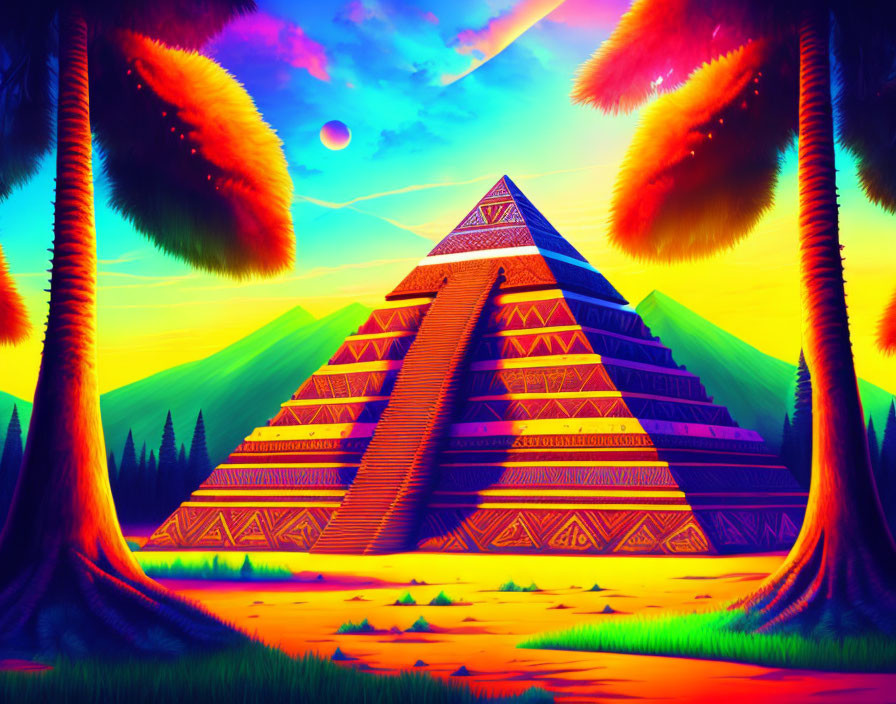 Colorful geometric pyramid in psychedelic landscape with dual suns and fluffy trees