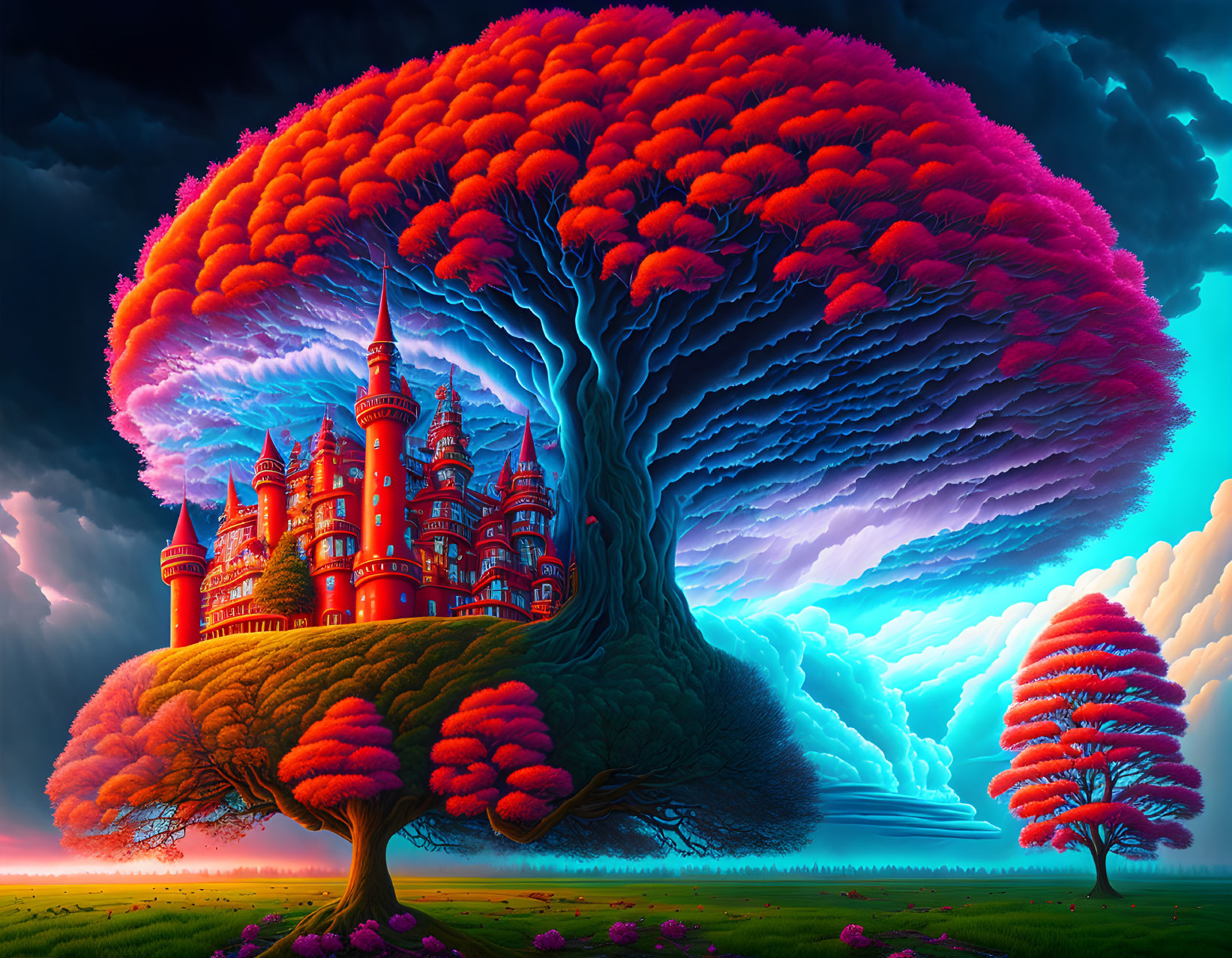 Colorful castle in massive tree under dramatic sky