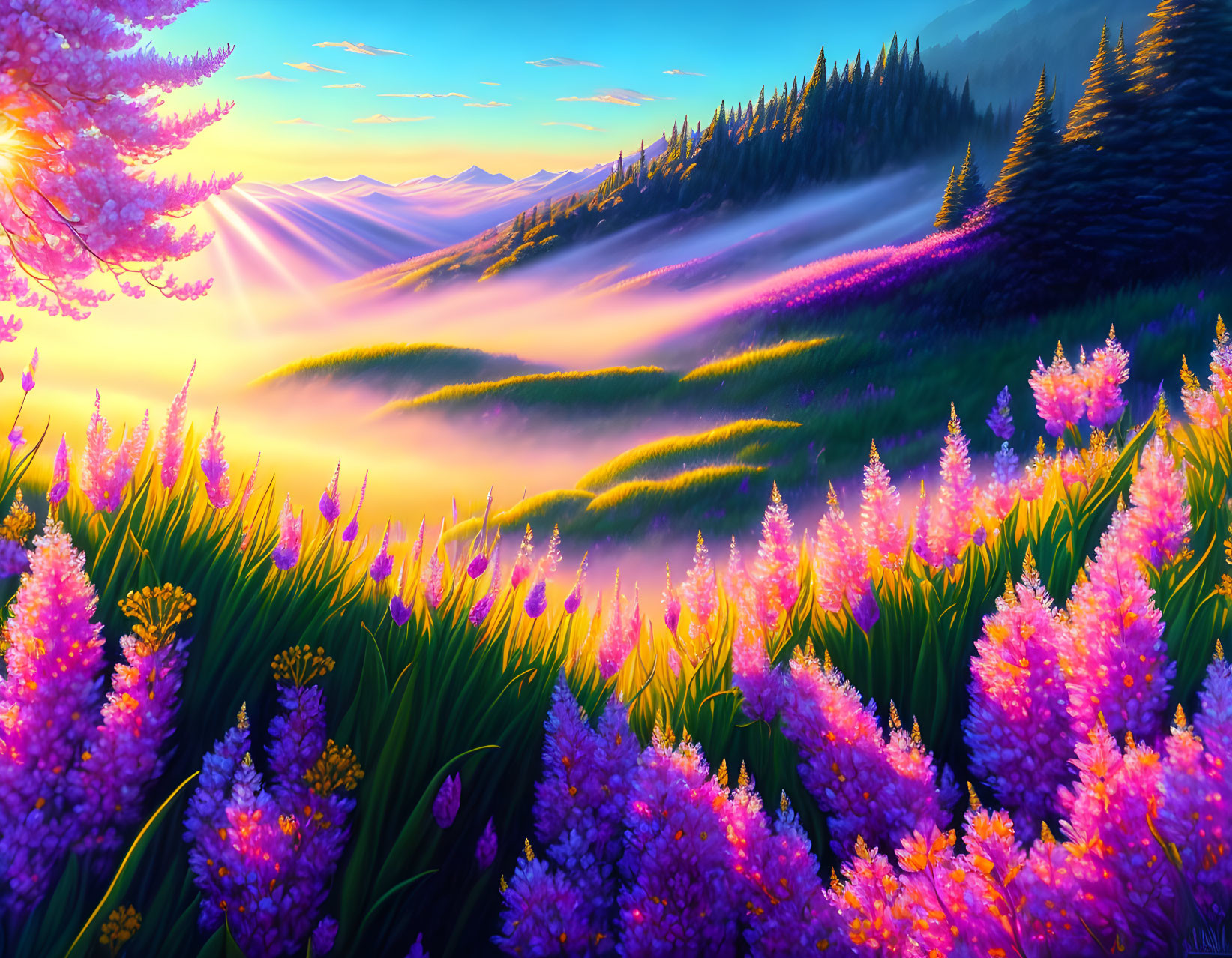 Scenic landscape with purple flowers, green hills, mist, and sunrise