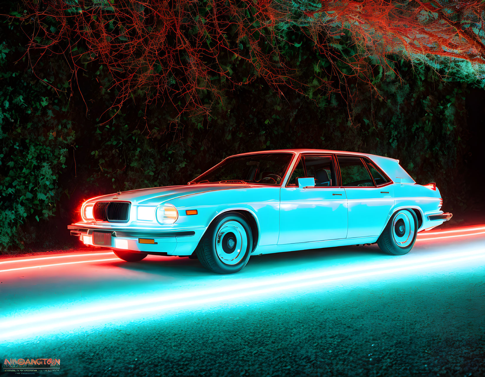 Vintage Car with Glowing Blue Underlights in Red-Lit Nighttime Scene