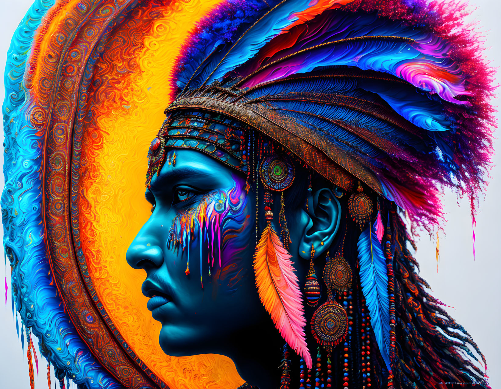 Colorful digital artwork: person with indigenous face paint and headdress