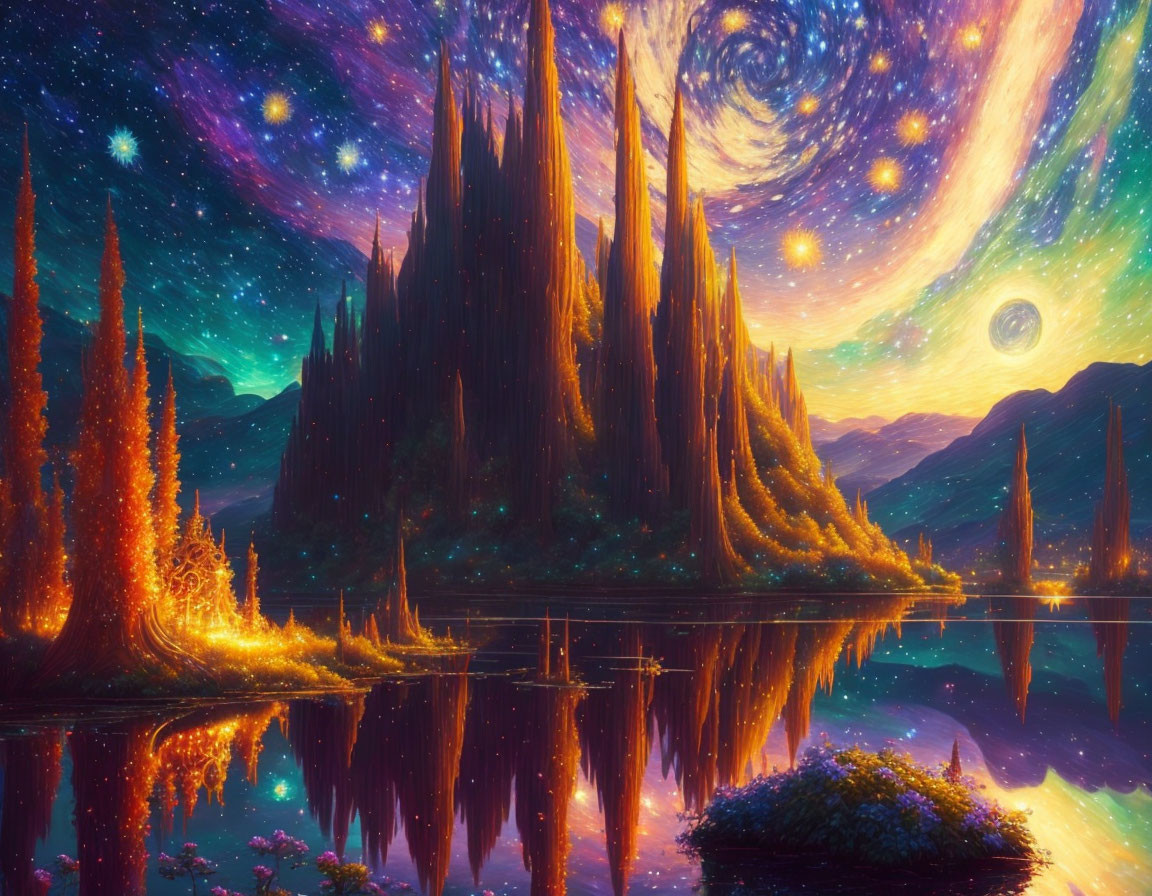 Fantasy landscape with towering trees, starry sky, galaxy, lake, celestial body