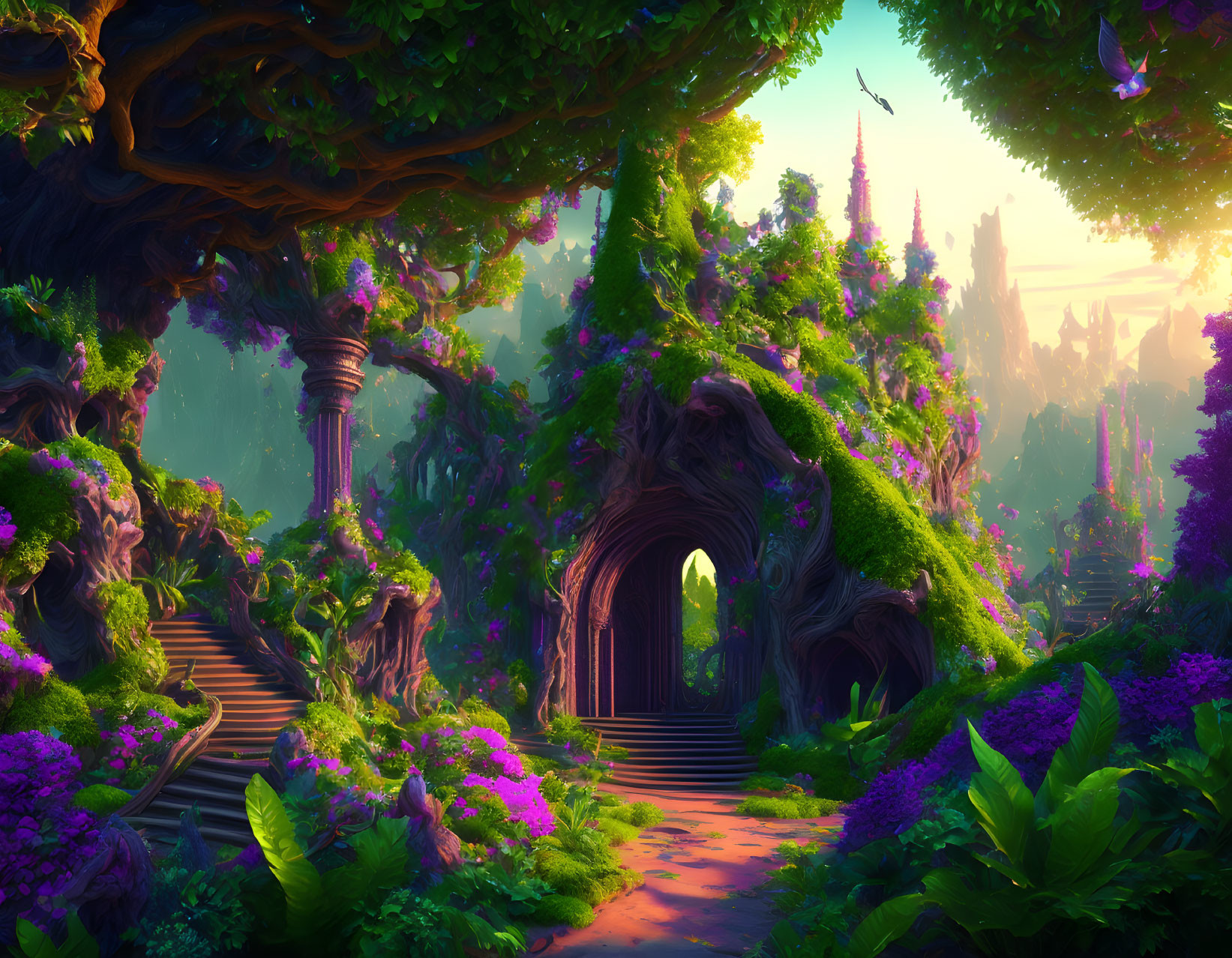 Fantasy landscape with purple foliage, tree archways, and mystical ruins