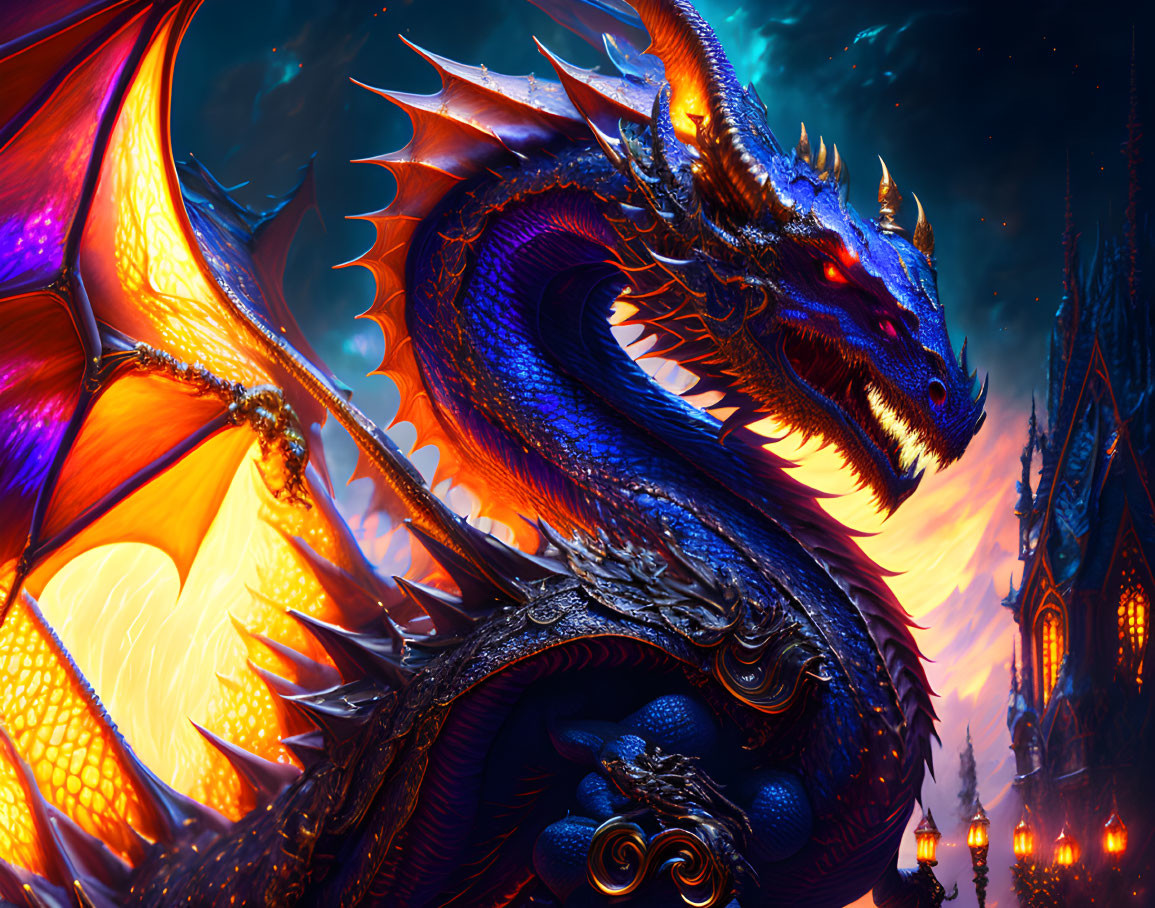 Colorful Dragon Coiled in Front of Fantasy Castle at Night