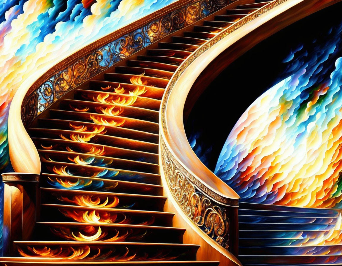 Vibrant Spiral Staircase Artwork with Fiery and Cool Colors