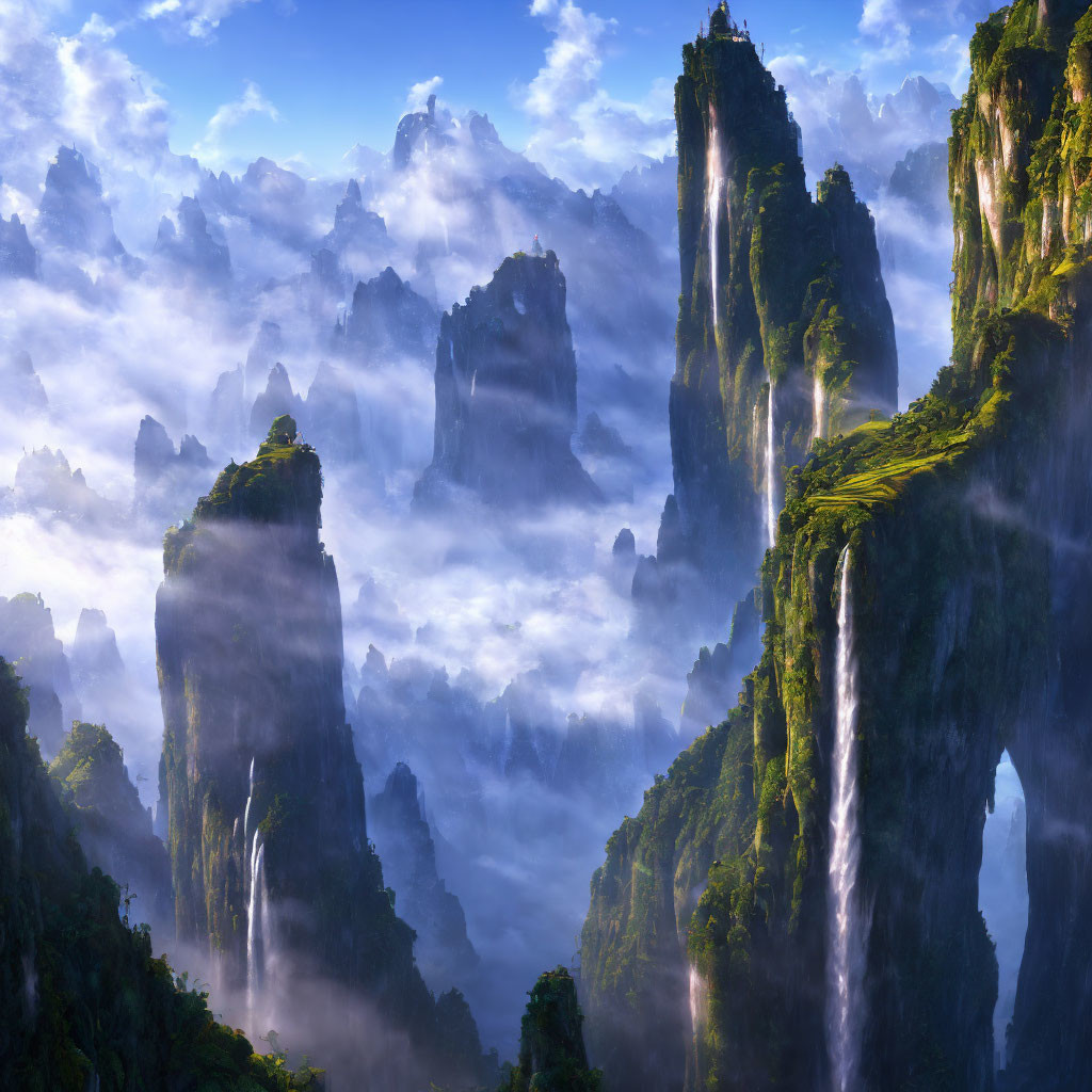 Fantasy landscape with green cliffs, waterfalls, misty valleys under blue sky