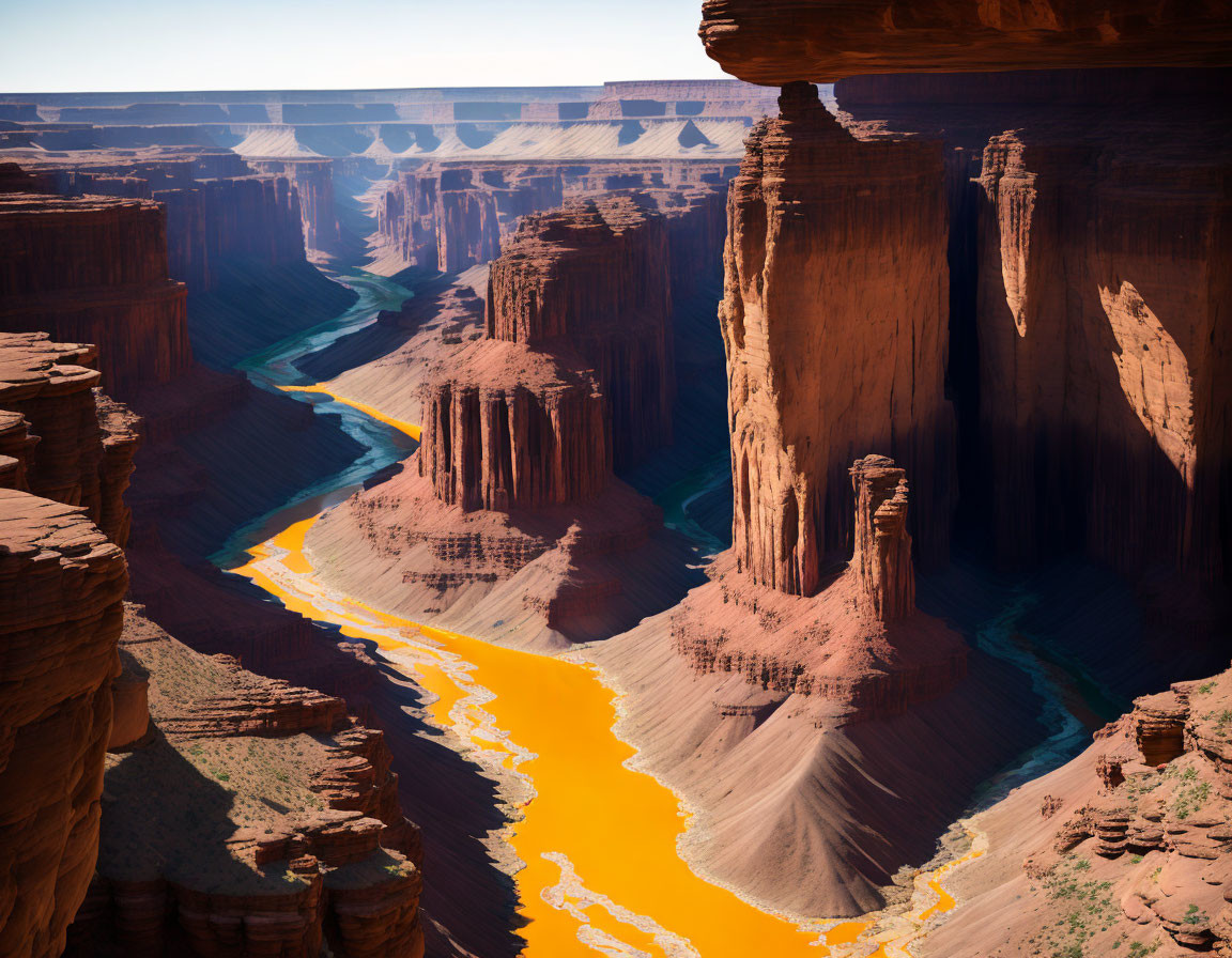 Majestic canyon with towering red cliffs and winding river