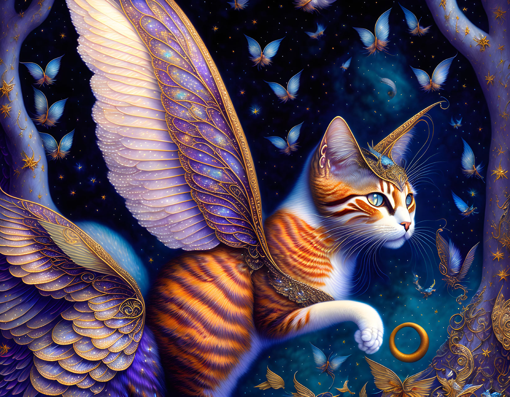 Winged cat with butterflies in starry night scene