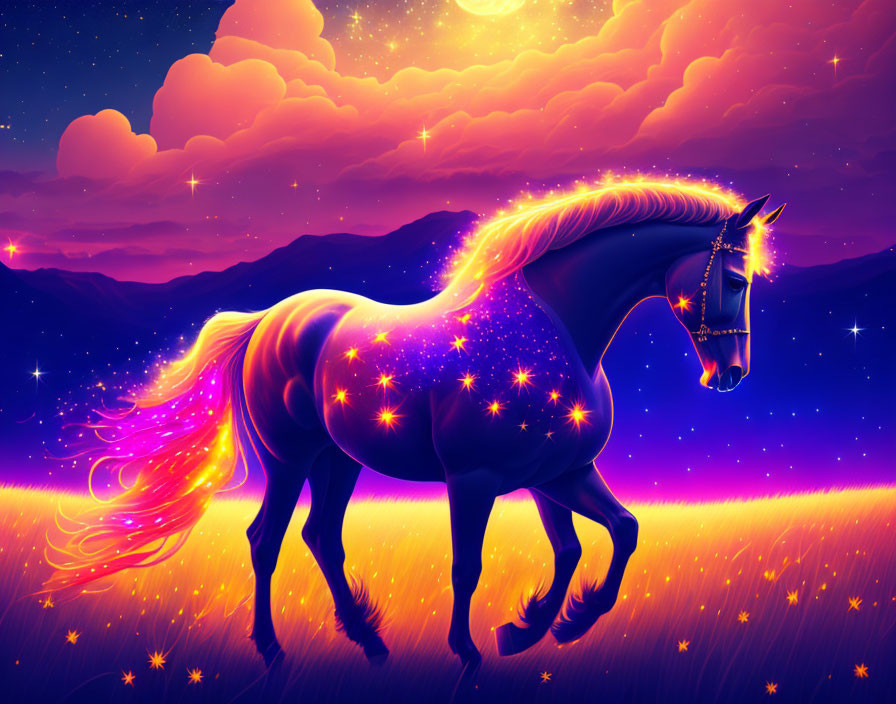 Starry Mane Magical Horse in Purple Field at Night