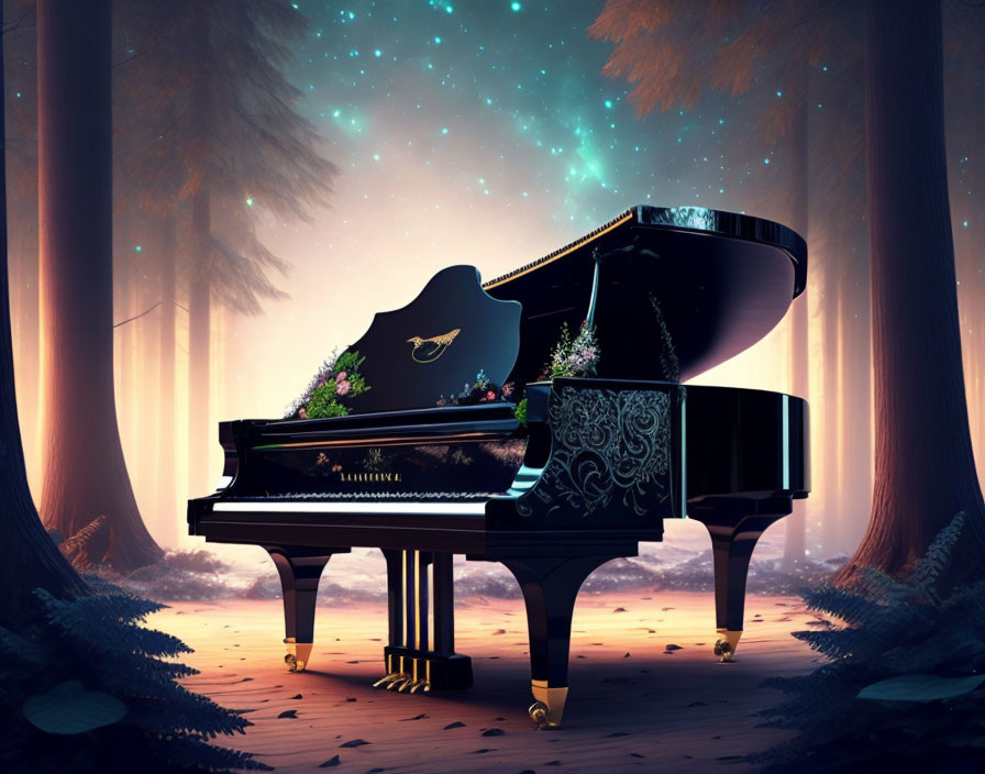 Ornate grand piano in enchanted forest under starry night sky