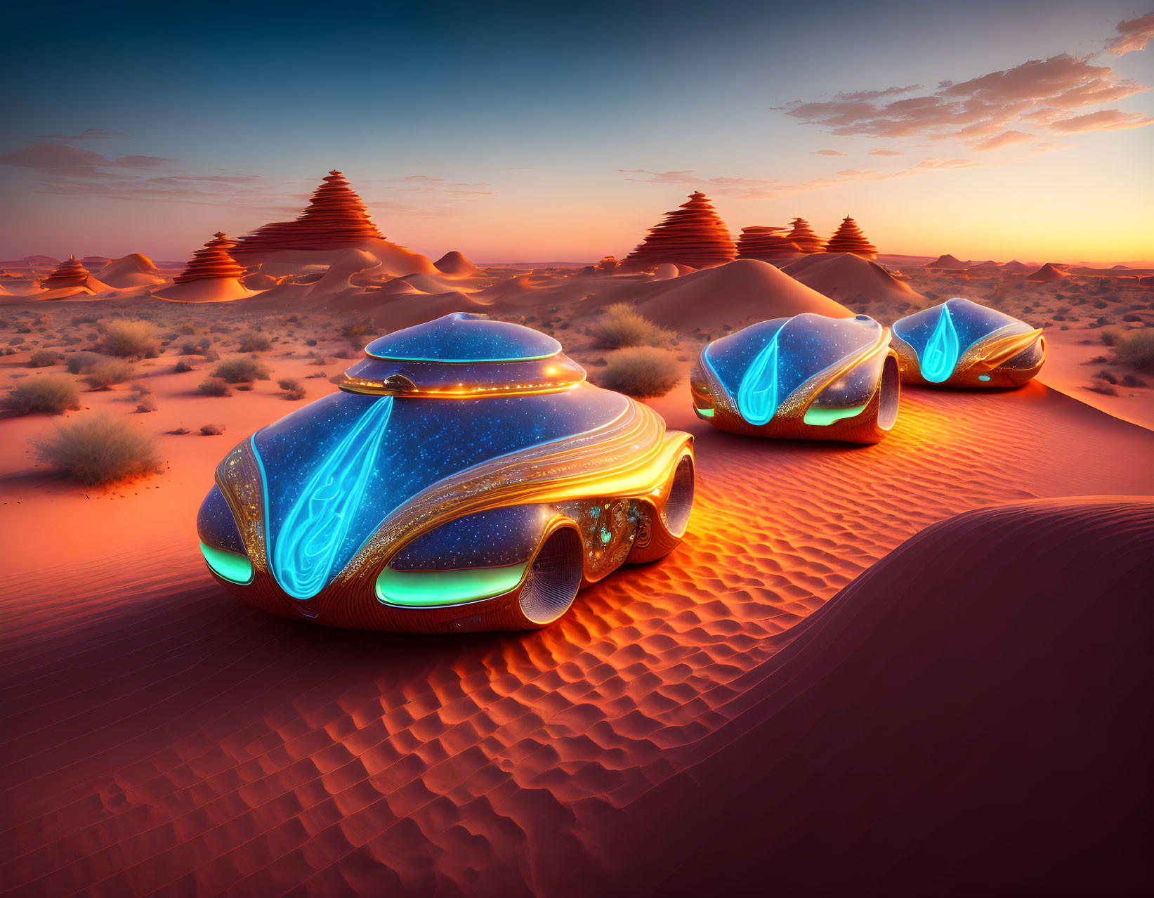 Glowing futuristic vehicles in desert twilight