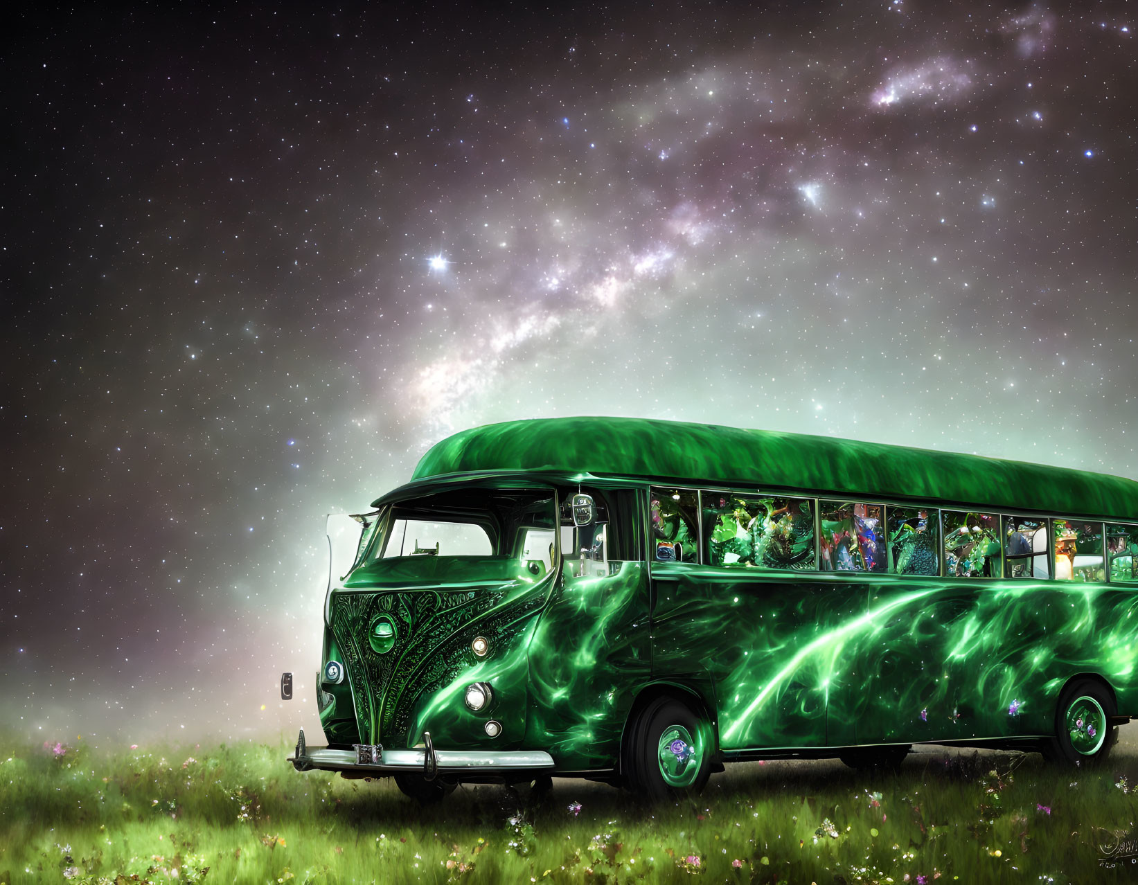 Magical green bus with passengers in meadow under starry night sky