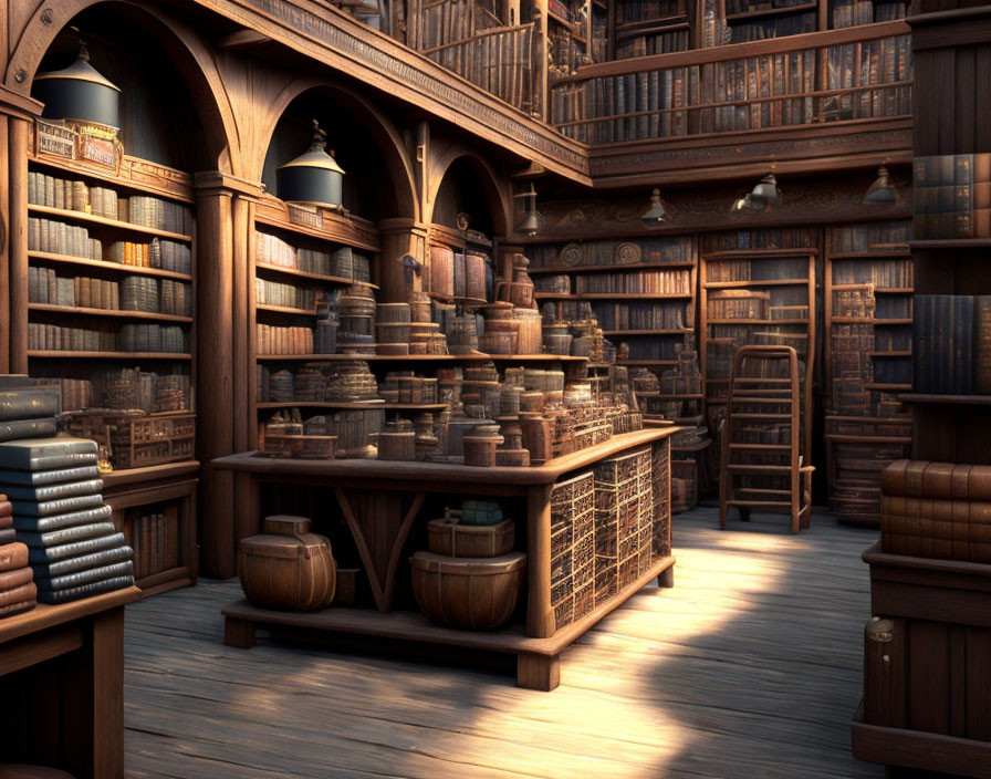 Vintage library ambiance with wooden shelves, archways, ladder, and pottery.