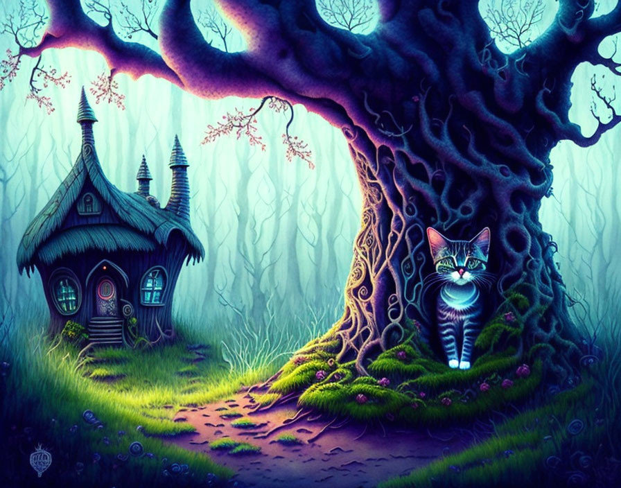 Colorful Striped Cat by Large Tree in Ethereal Forest