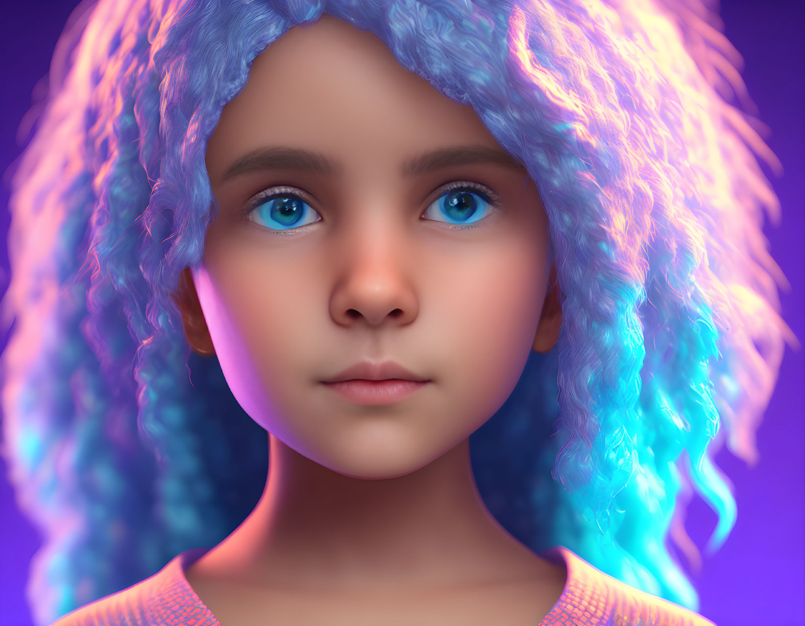 Close-up 3D-rendered girl with big blue eyes and curly blue hair on purple background