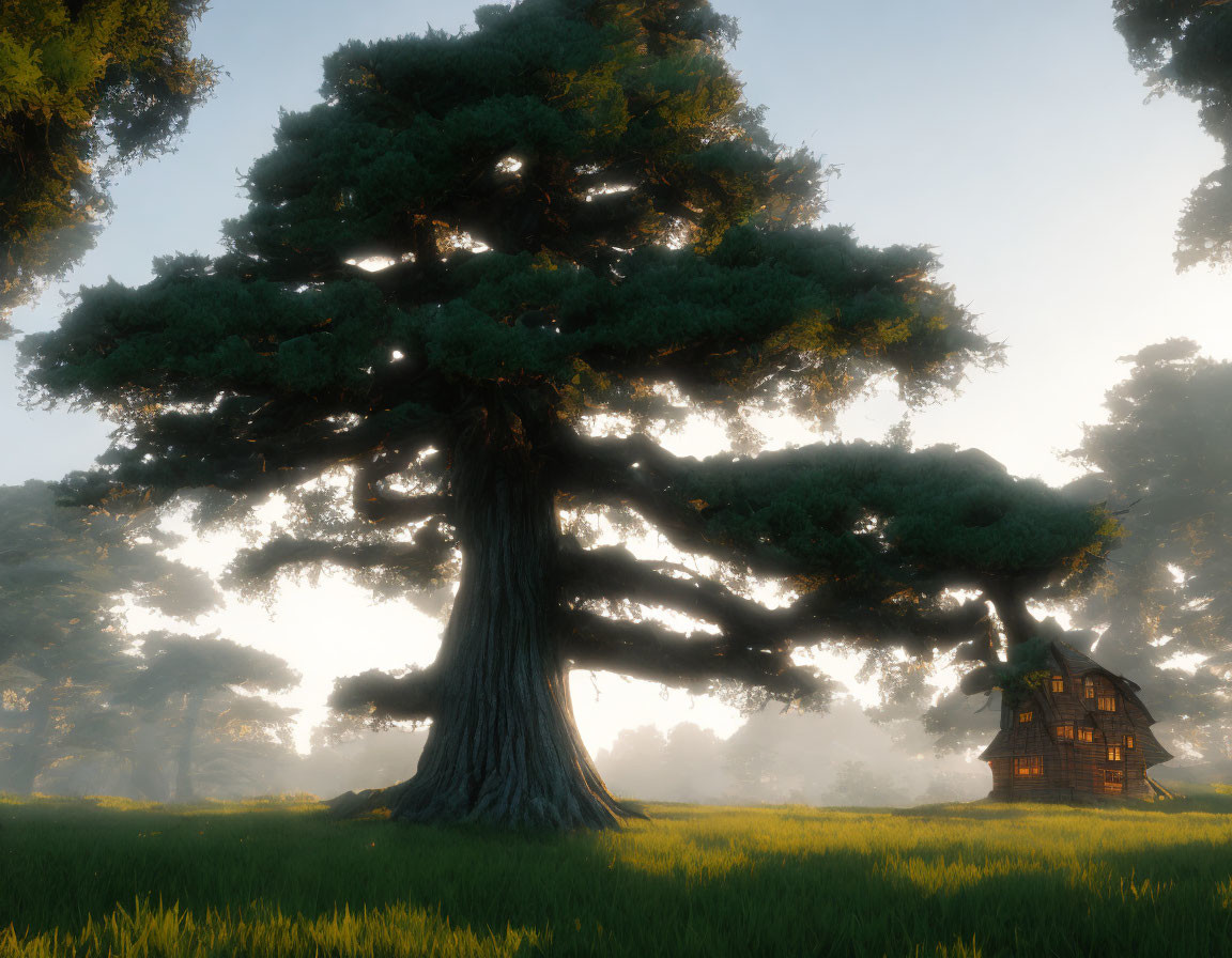 Giant tree with house in sunlit meadow