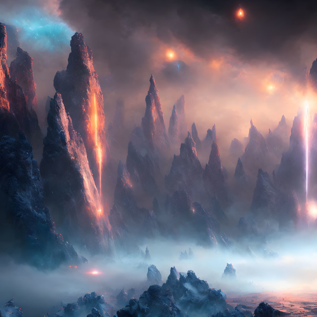 Fantastical landscape with towering rock spires and molten lava flows under a celestial sky.