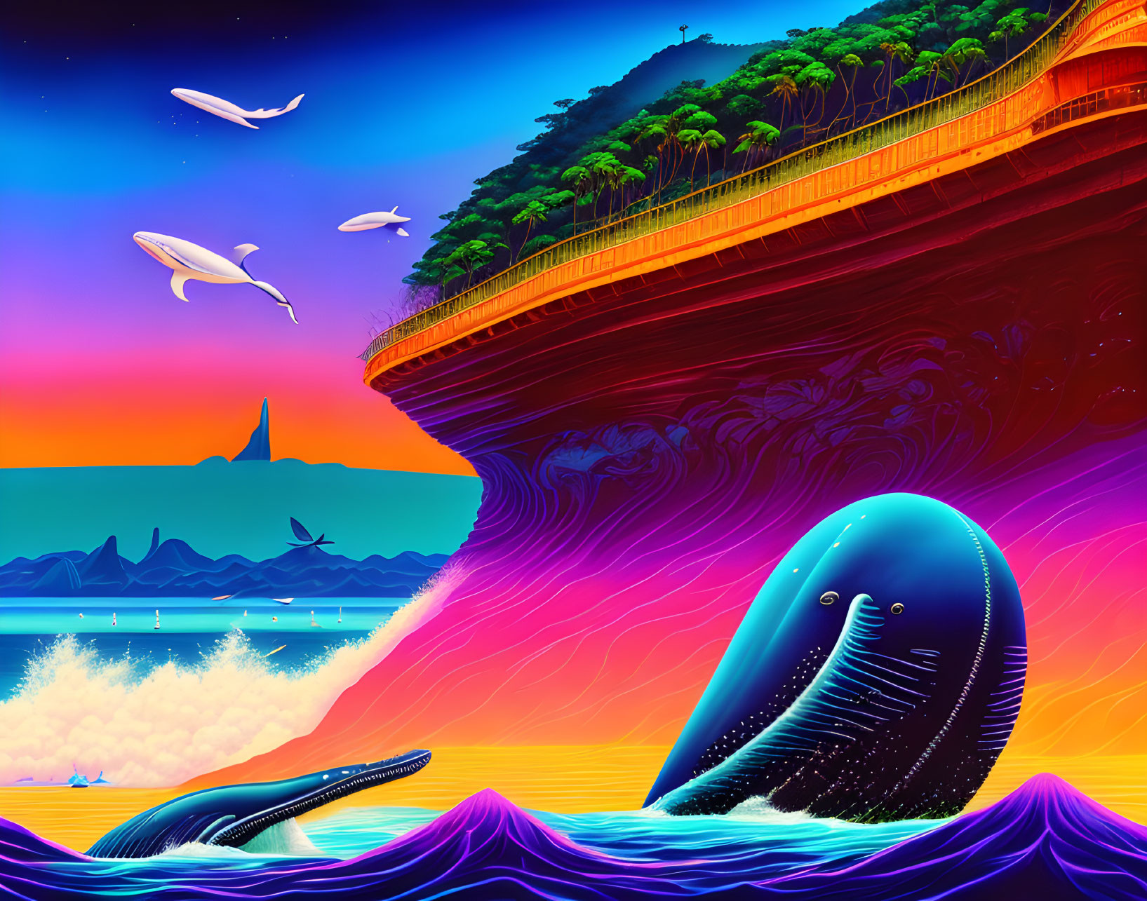 Surrealist whale and birds in vibrant sunset scene