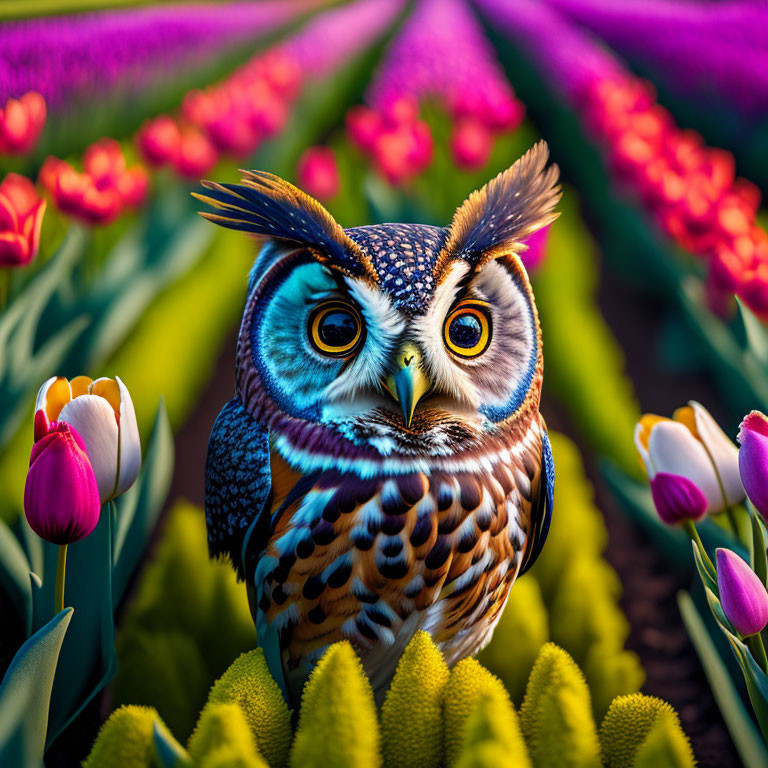 Colorful Owl Among Purple and Yellow Tulips