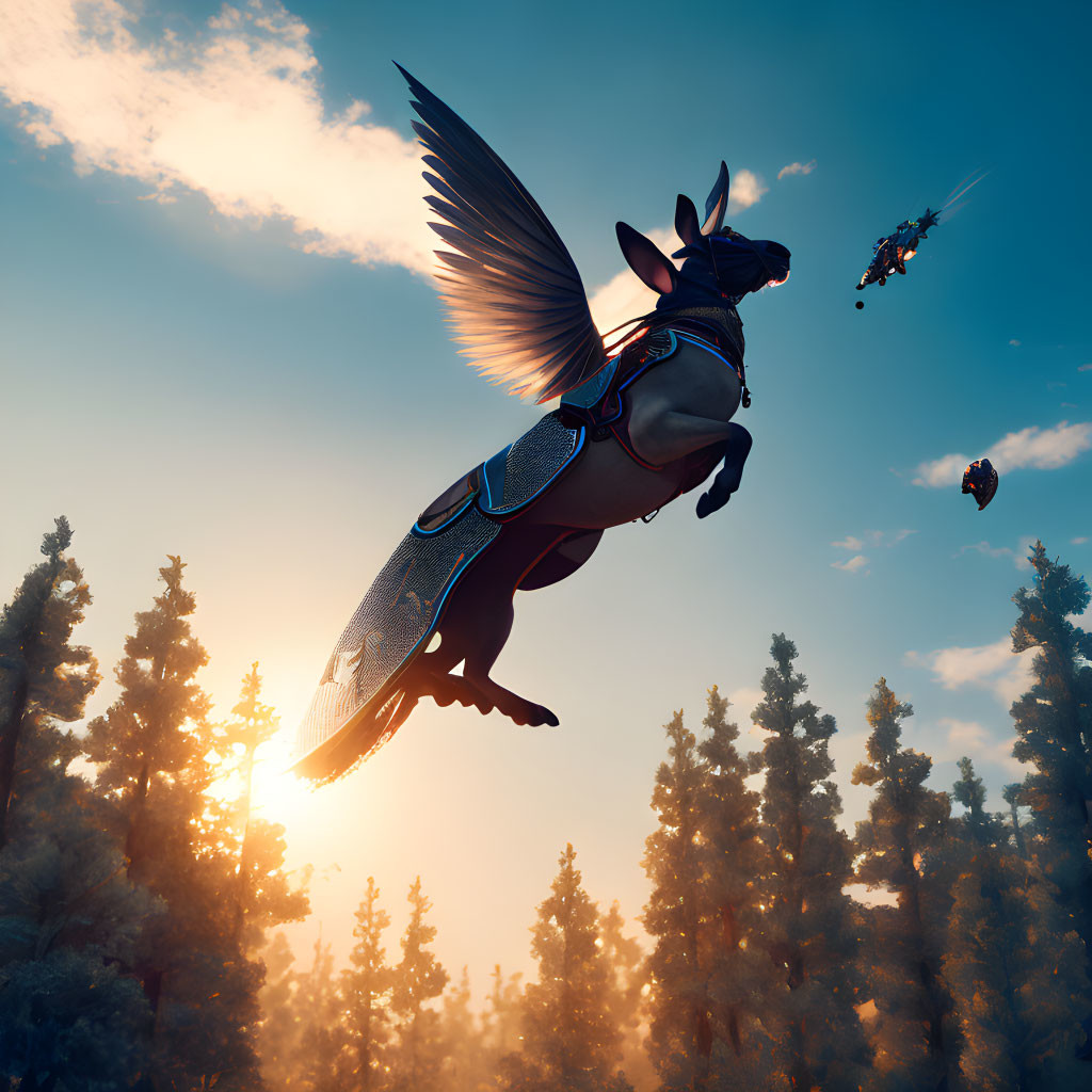 Winged horse flying in sunset-lit forest with magical figures