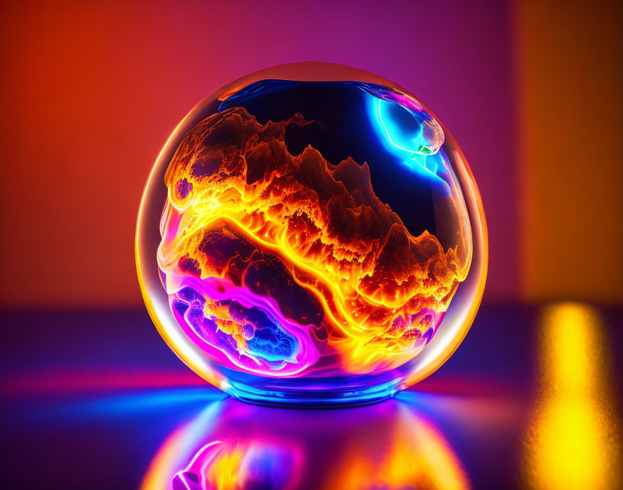 Colorful Orange and Blue Plasma Globe on Reflective Surface