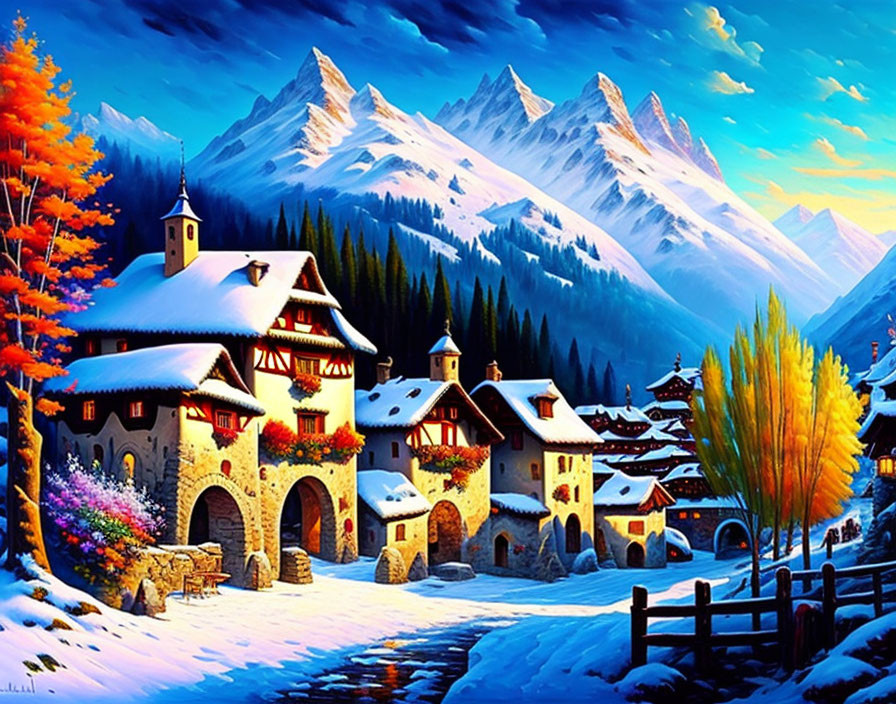 Snowy Alpine Village Painting with Colorful Trees & Mountains