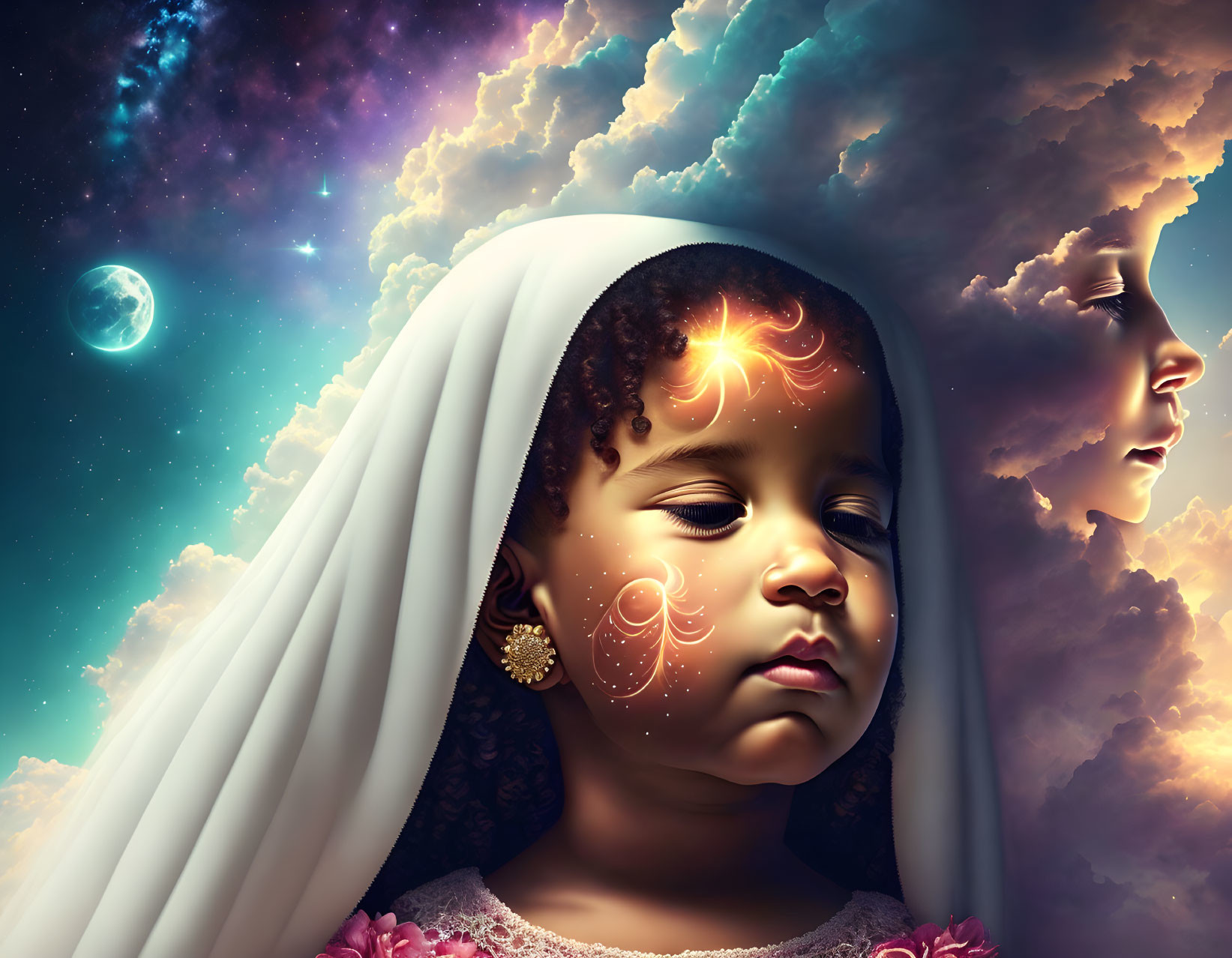 Surreal Child Portrait with Cosmic Background