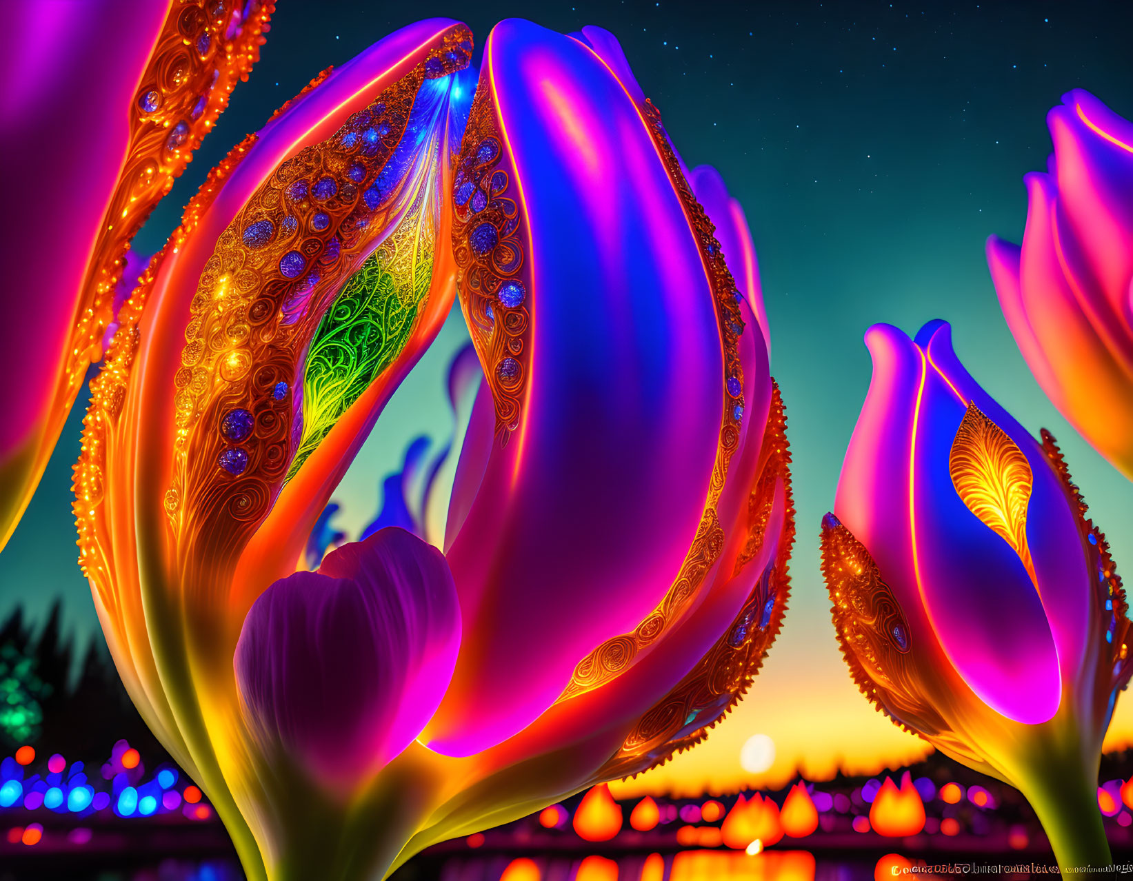 Colorful tulips with intricate patterns under a starry twilight sky near water.