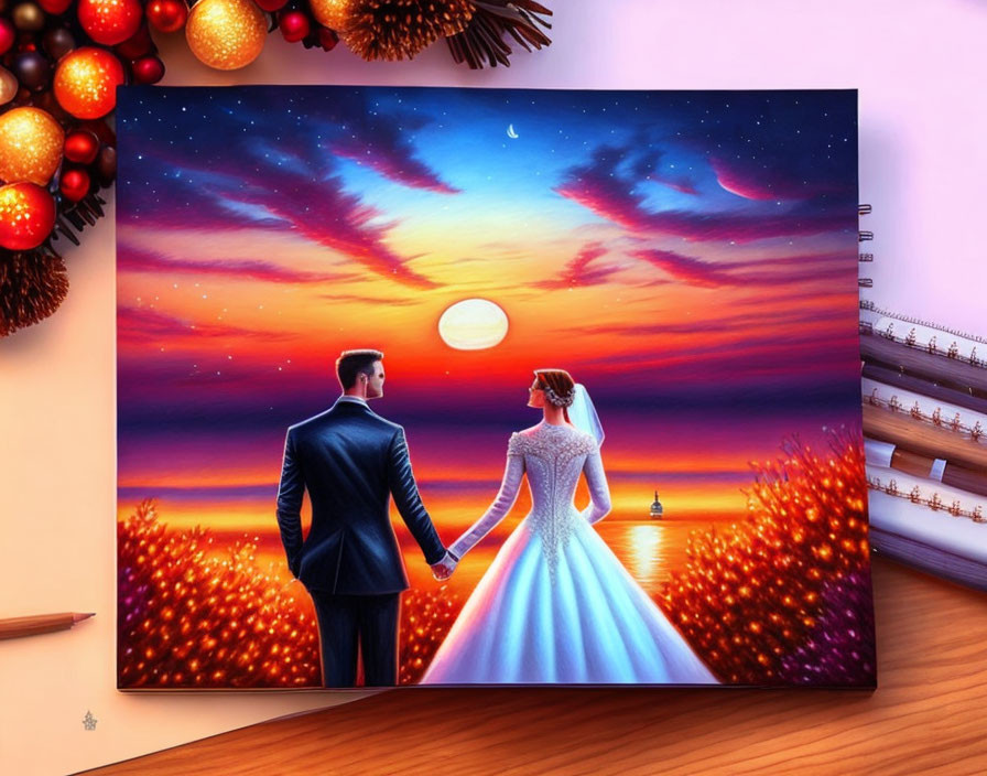 Couple gazing at sunset with lighthouse in painting on desk.