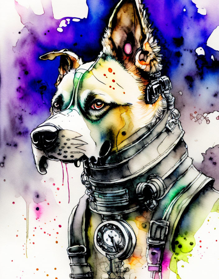 Vibrant watercolor dog with gas mask in colorful setting