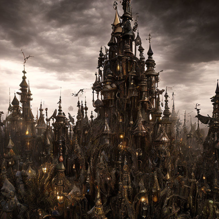 Gothic cityscape with towering spires and lit windows