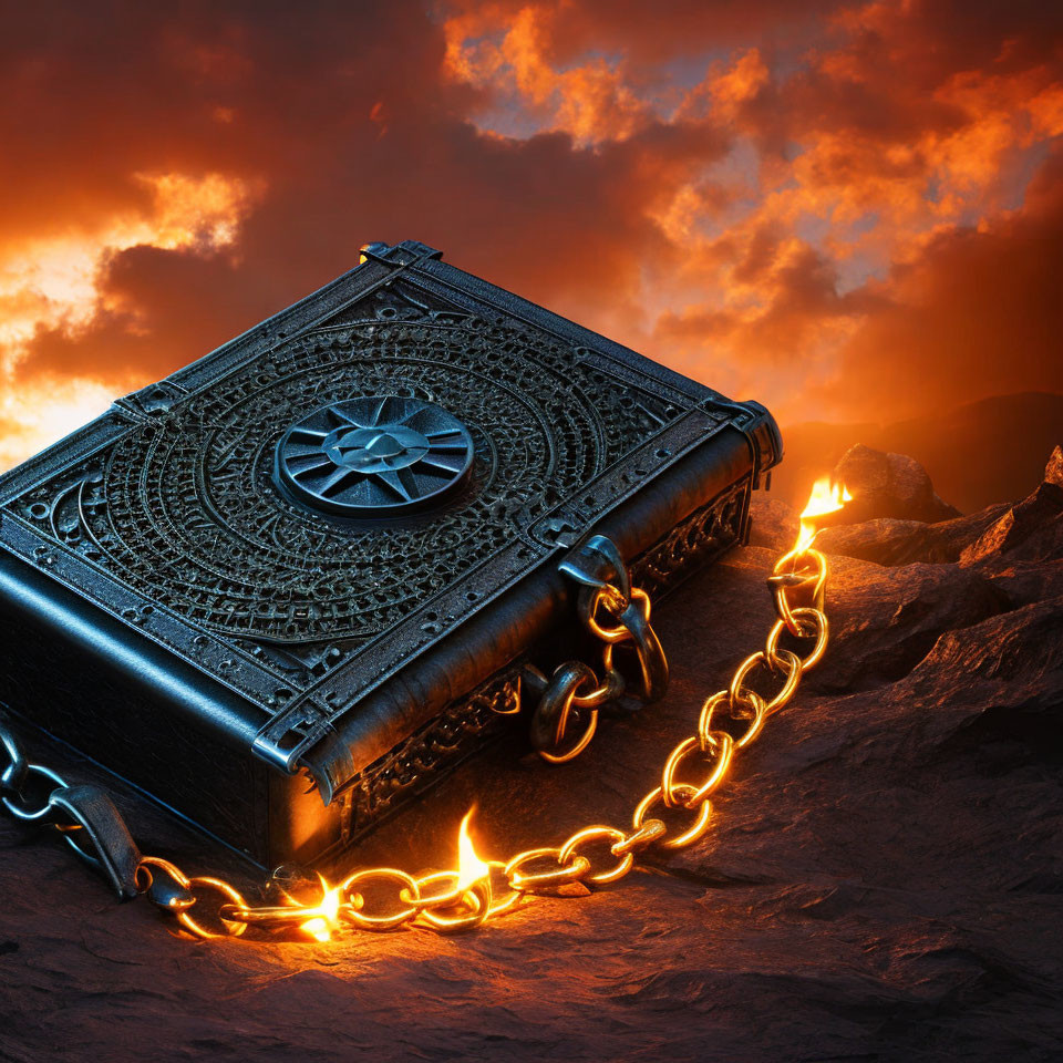 Chained book with compass embossing on rocky surface under fiery sky