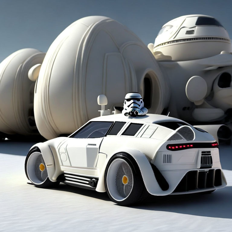 Futuristic white car with droid-like design and robot character under clear sky