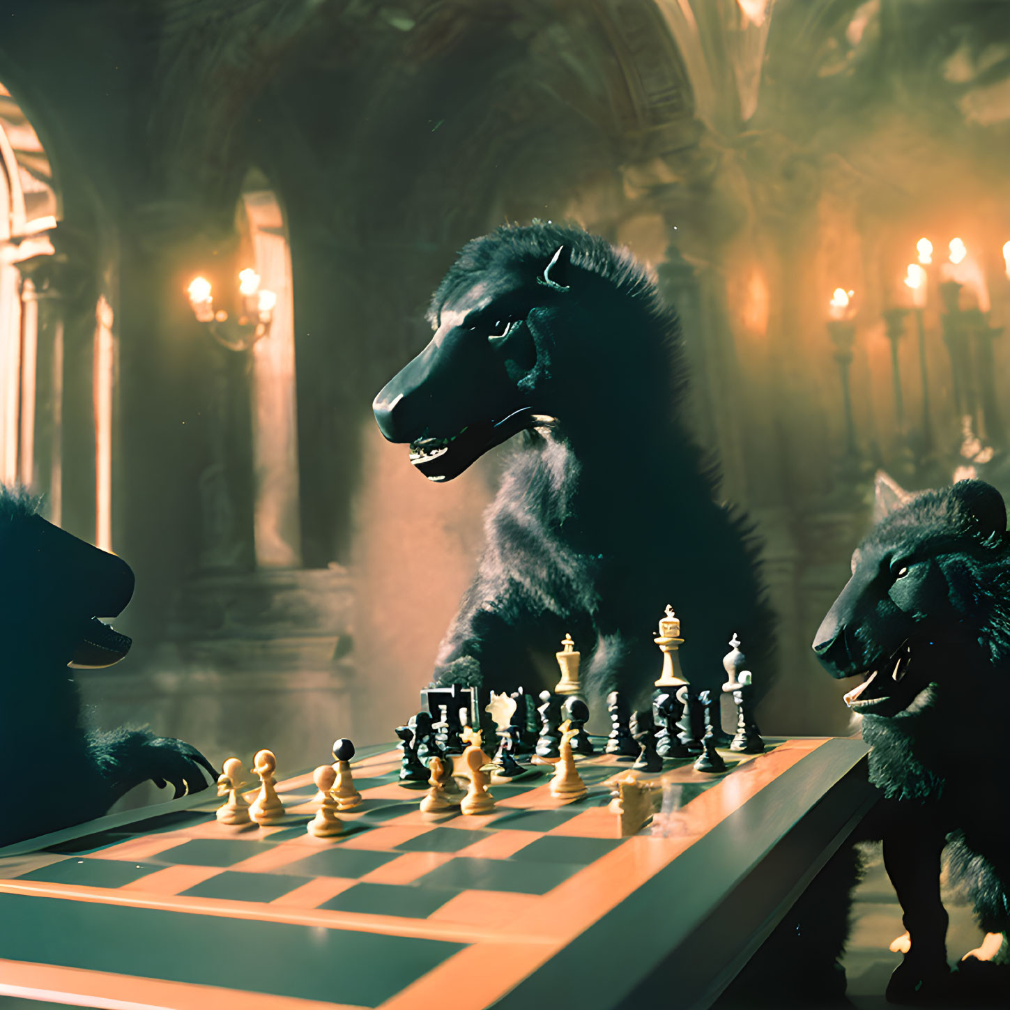 Anthropomorphic bears playing chess in candlelit hall