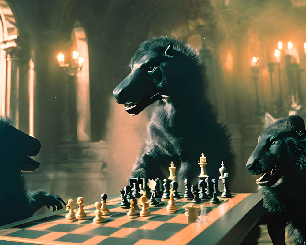 Anthropomorphic bears playing chess in candlelit hall