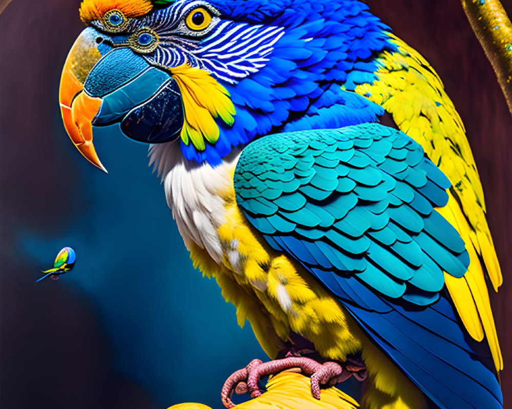 Colorful Parrot Perched on Branch with Flying Birds