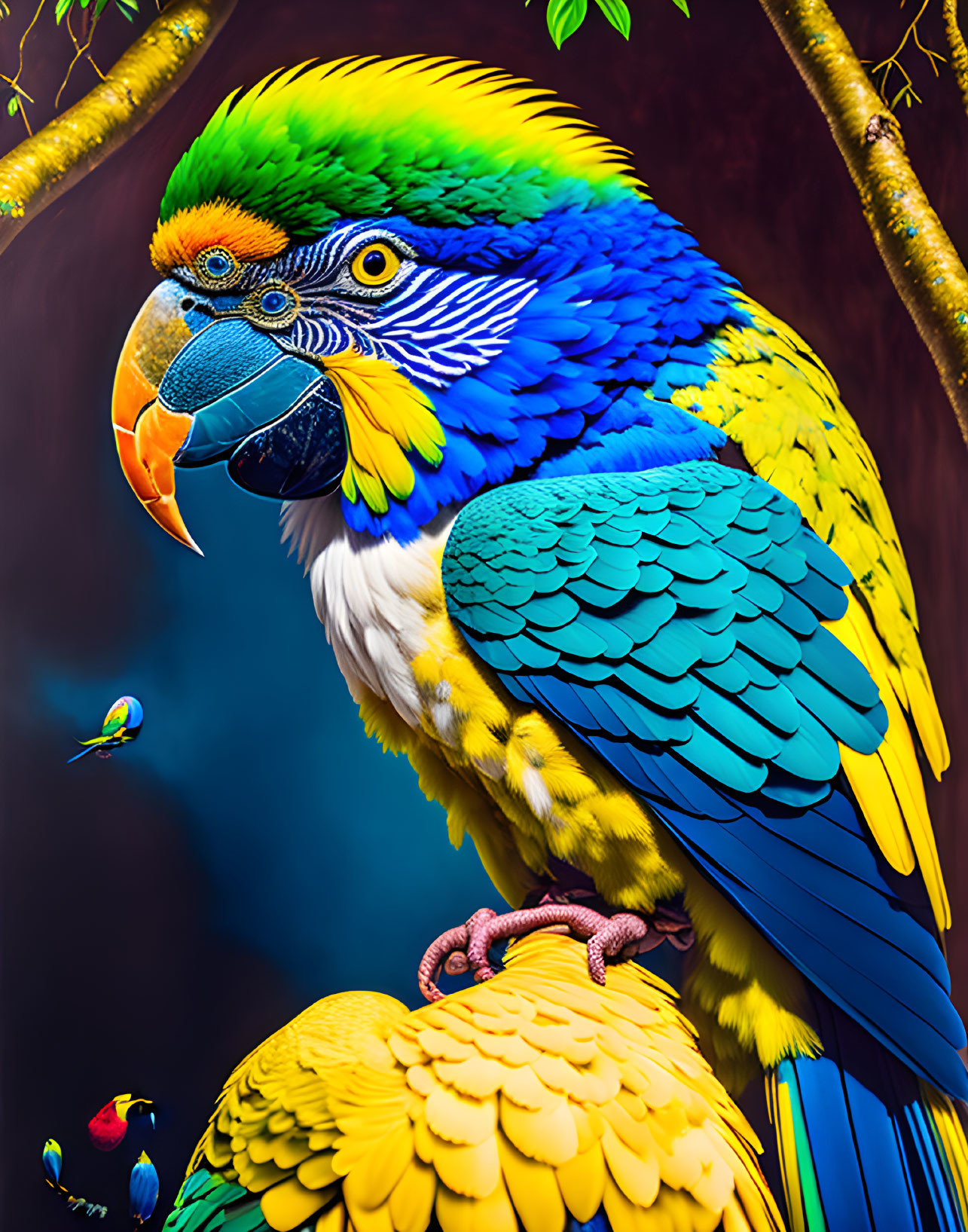 Colorful Parrot Perched on Branch with Flying Birds