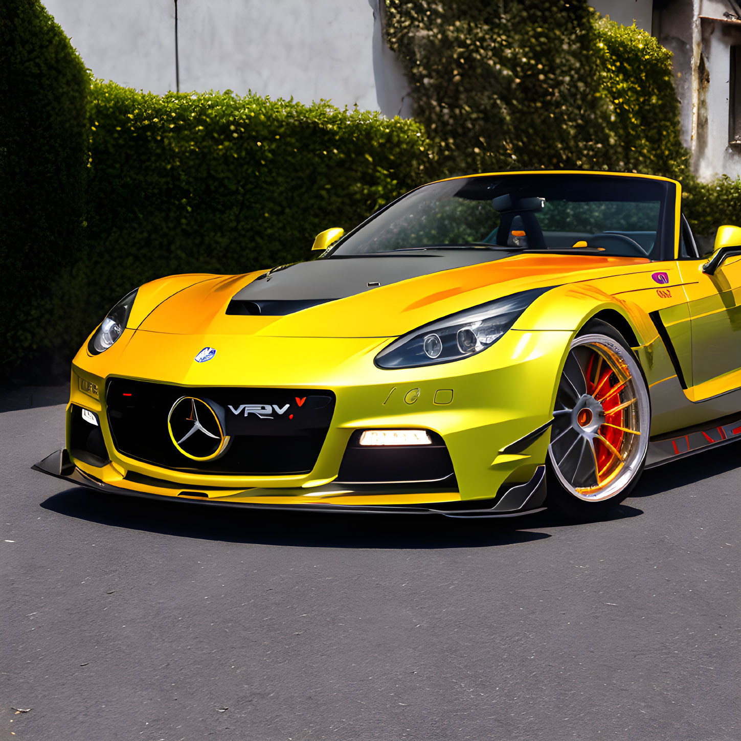 Yellow sports car with black accents and custom rims parked in front of white wall with green foliage
