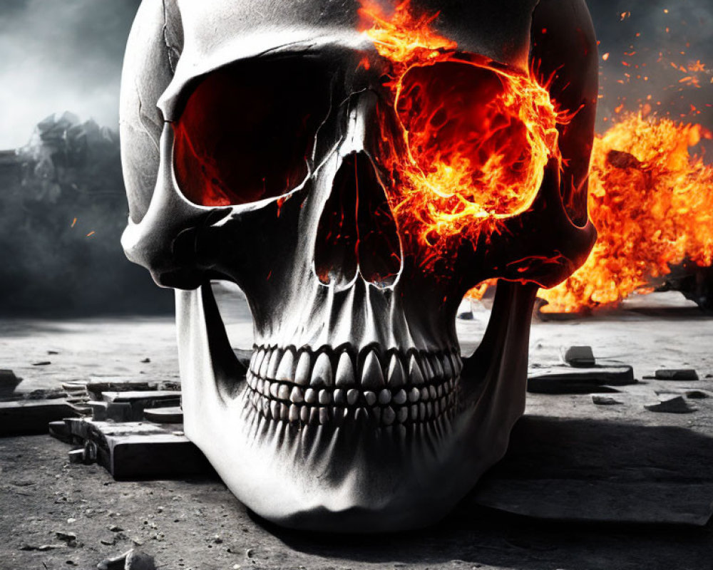 Glowing-eyed fiery skull in dark, smoky ruins