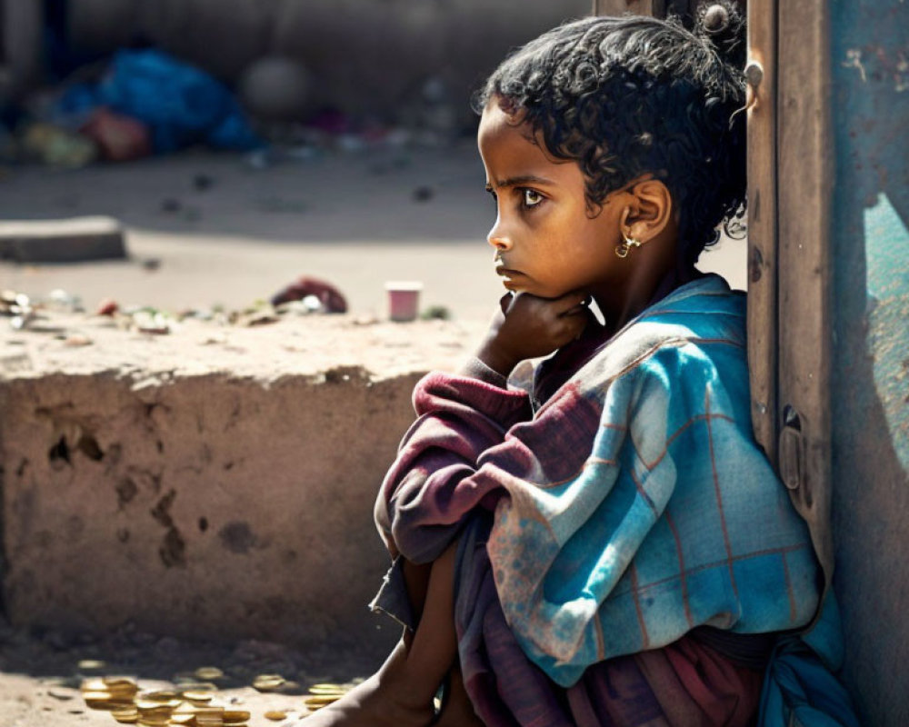 Reflective young child with curly hair in impoverished setting.