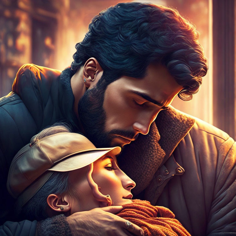 Digital illustration of man and woman embracing in thoughtful pose