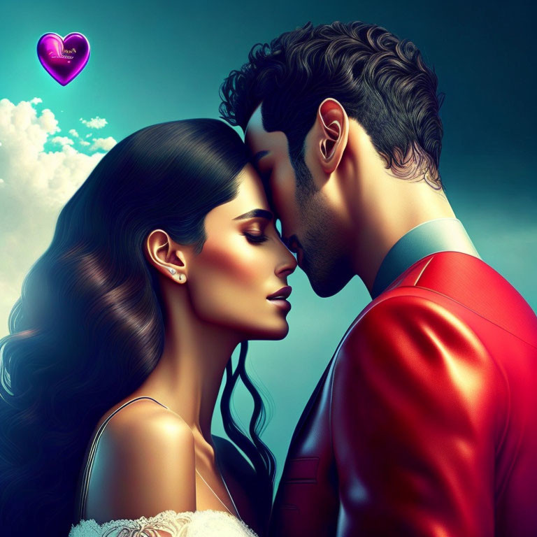 Romantic couple digital illustration with purple heart symbol and blue sky