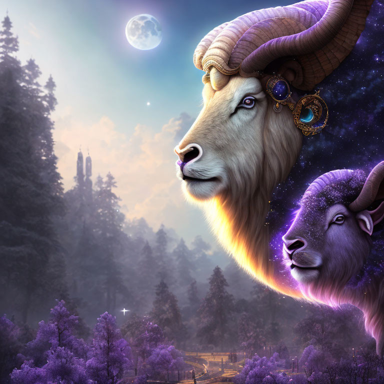 Two cosmic ram heads over purple forest with castle and full moon