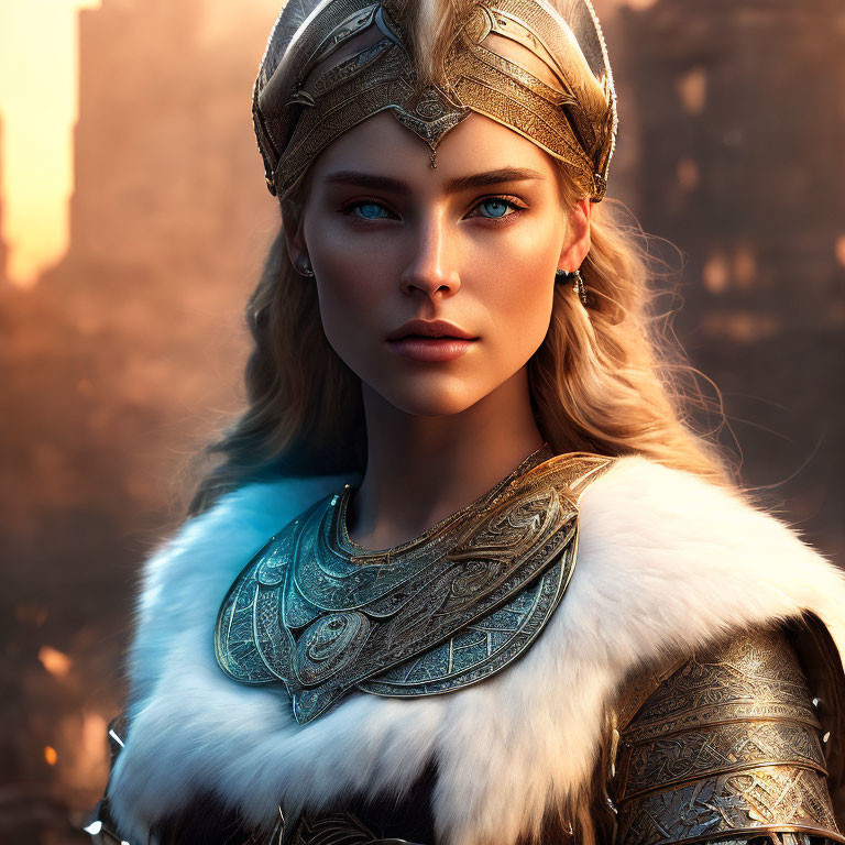 Warrior woman in gold armor and fur cloak with blue eyes