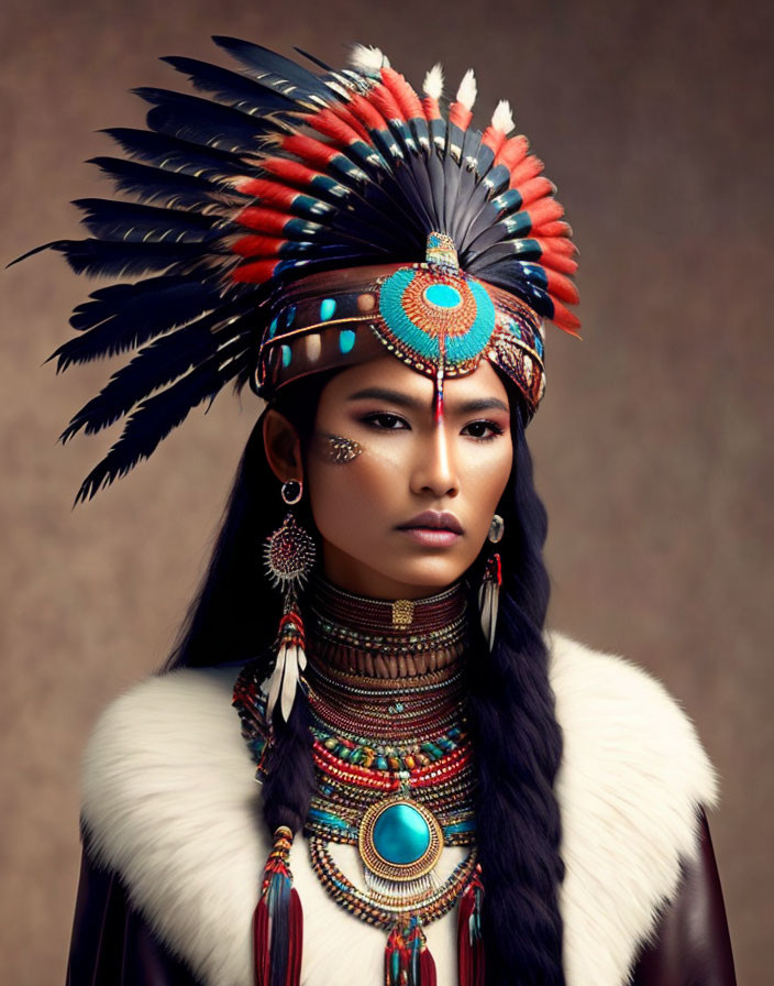 Native American headdress with feathers, beadwork, and traditional attire.