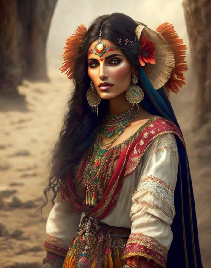 Woman with dark hair and tribal jewelry in desert scene