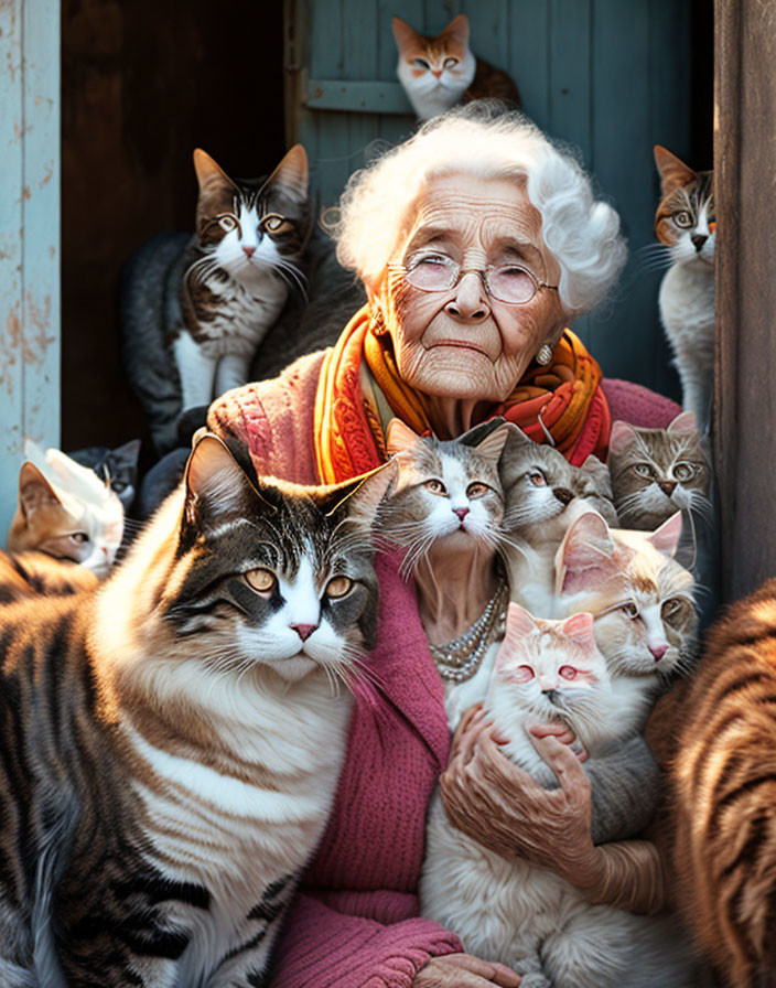 Elderly woman with glasses among group of cats with different patterns