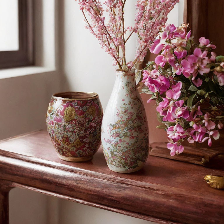 Decorative vases with pink flowers on wooden table by window in cozy interior