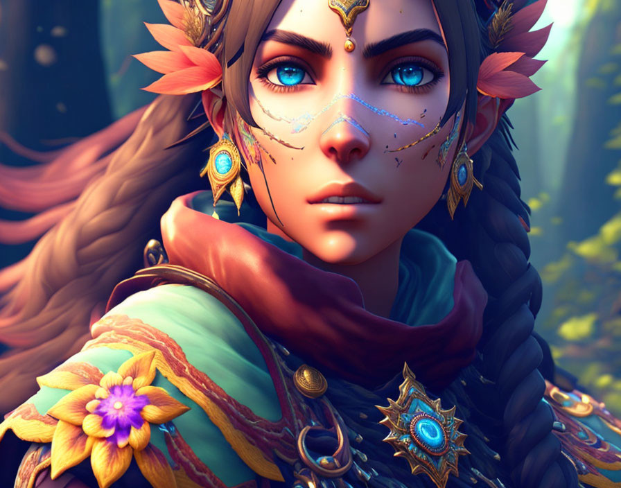 Female character with blue eyes, face paint, jewelry, green outfit with leaves and flowers